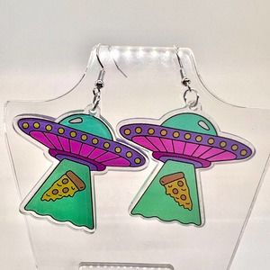 UFO Pizza Slice Earrings - Alien Earrings - Food Earrings - Funny Earrings